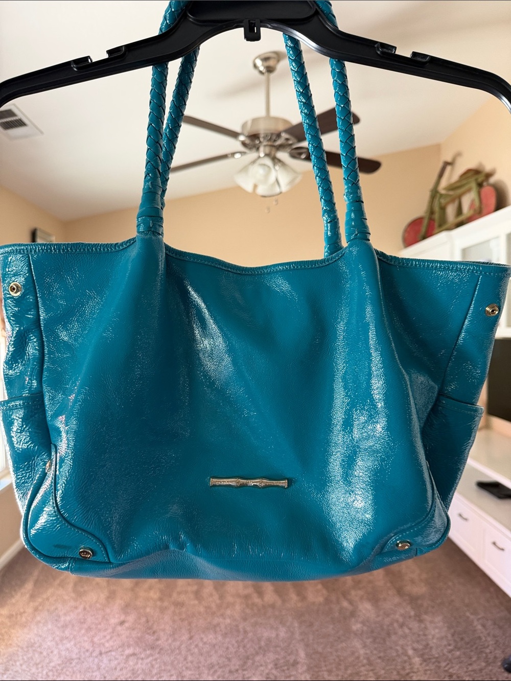 Elaine Turner Teal Patent Leather Braided-Handle Tote